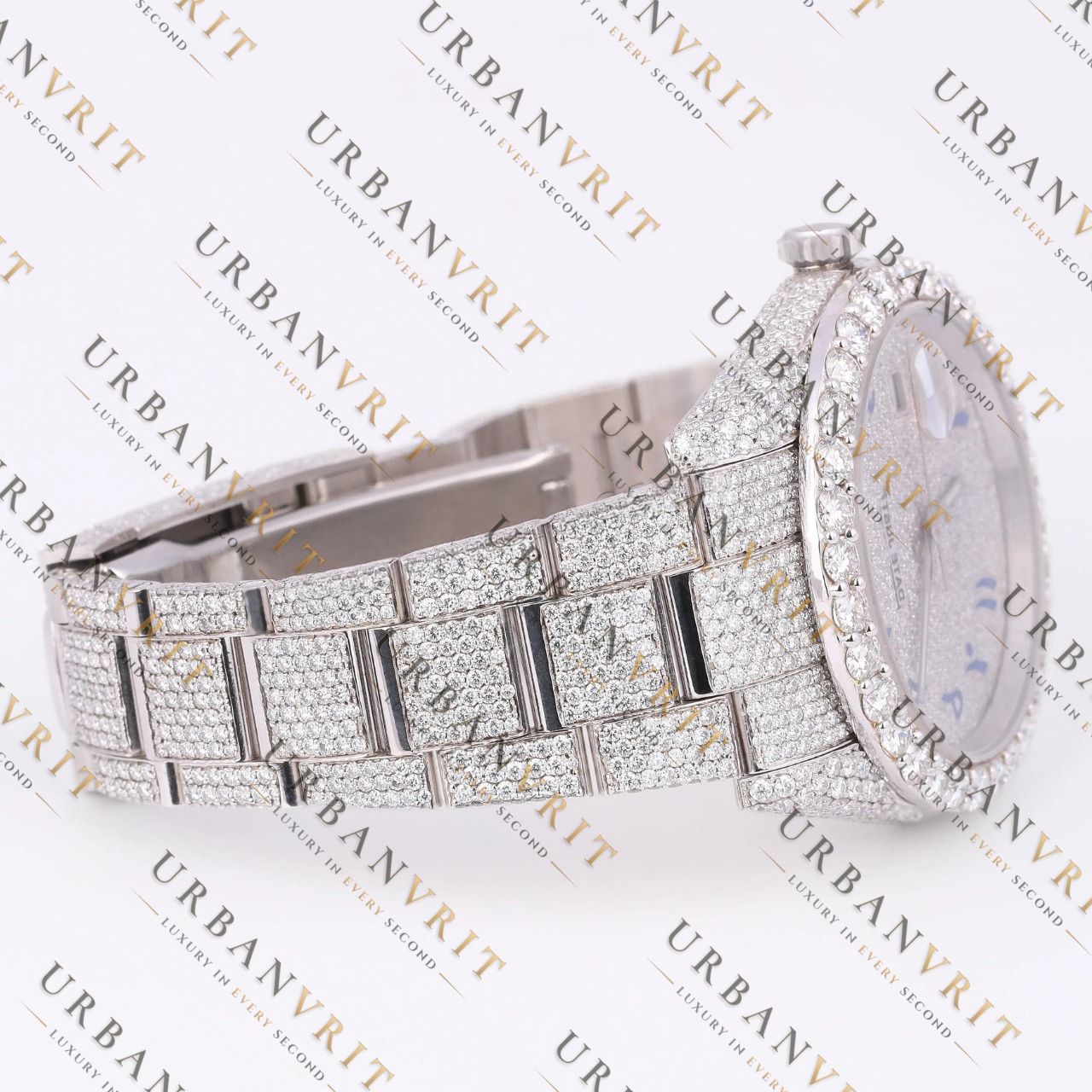Blue Arabic Dial Moissanite Watch VVS1 D Color Fully Iced