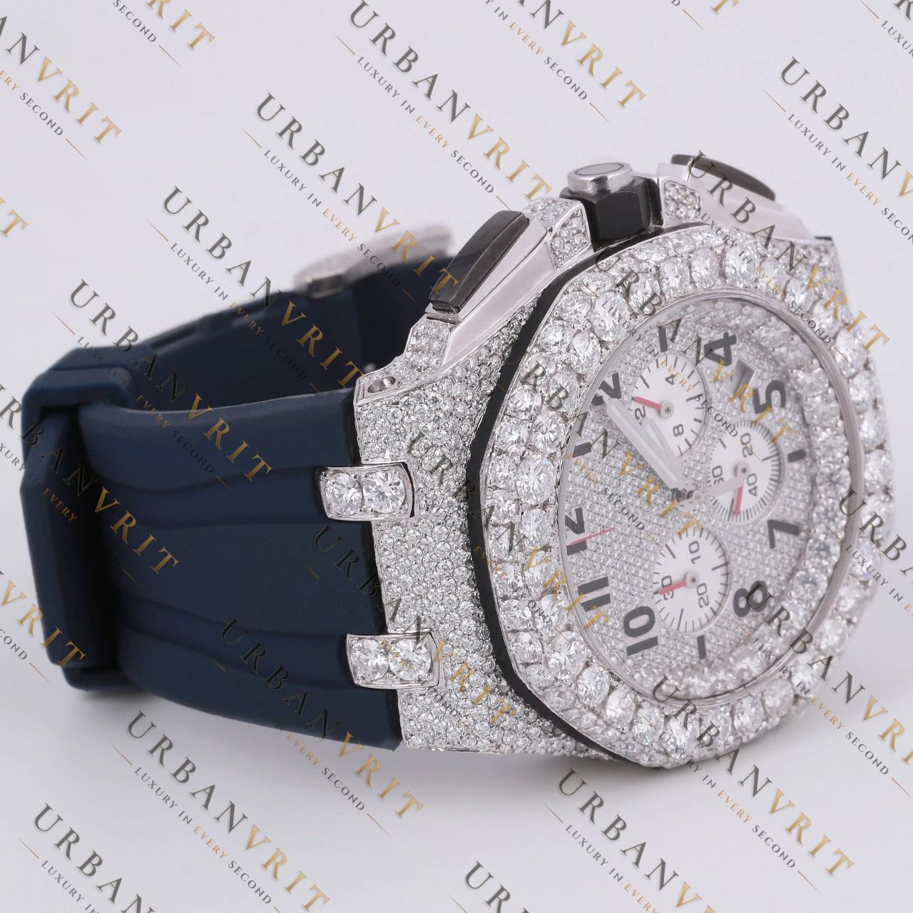 White Gold Moissanite Chronograph Watch VVS1 D Color Fully Ice