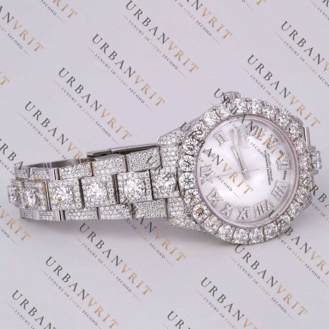 Pearl Moissanite Watch VVS1 D Color Fully Iced Out