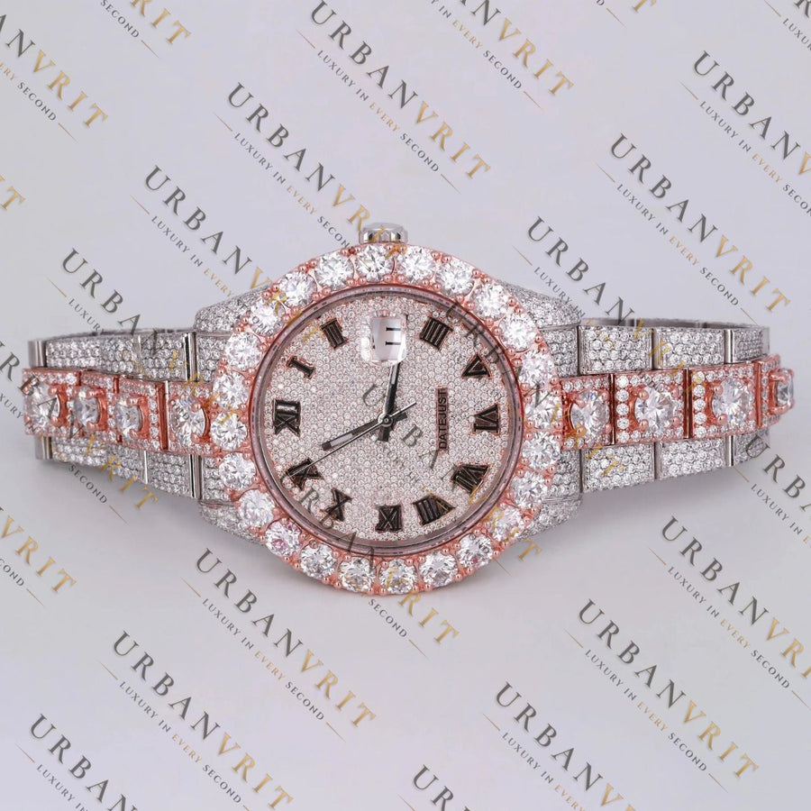 Rose Gold Two Tone Moissanite Watch VVS1 D Color Fully Iced