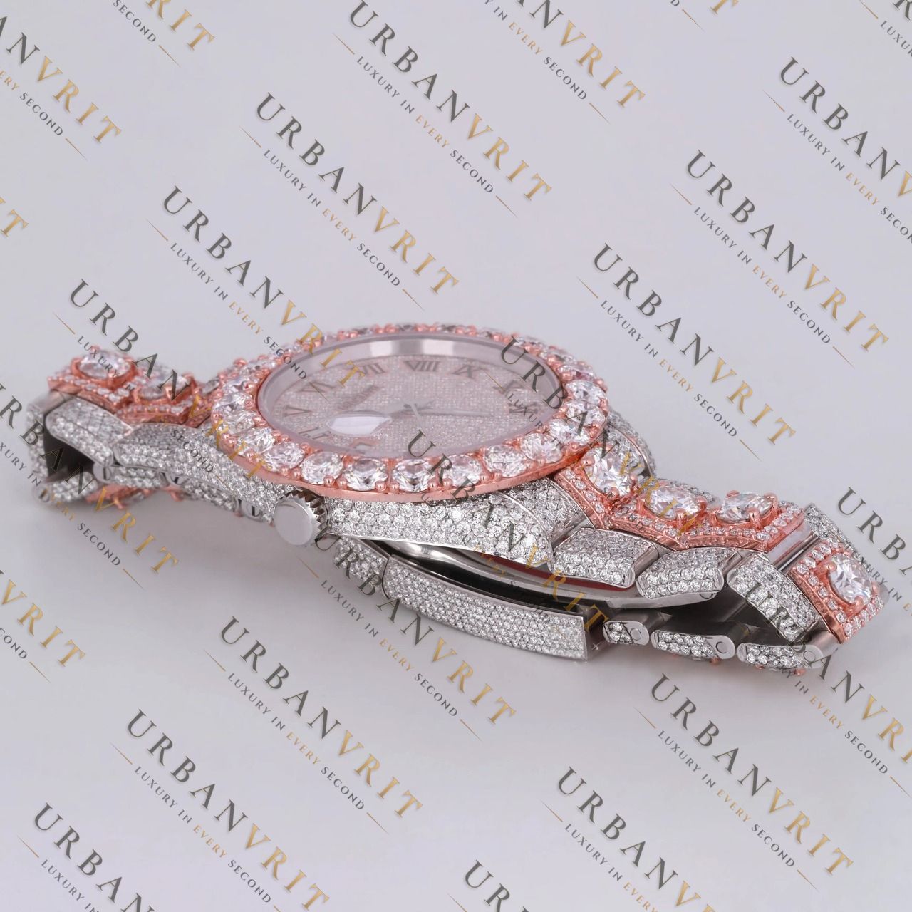 Rose Gold Two Tone Moissanite Watch VVS1 D Color Fully Iced