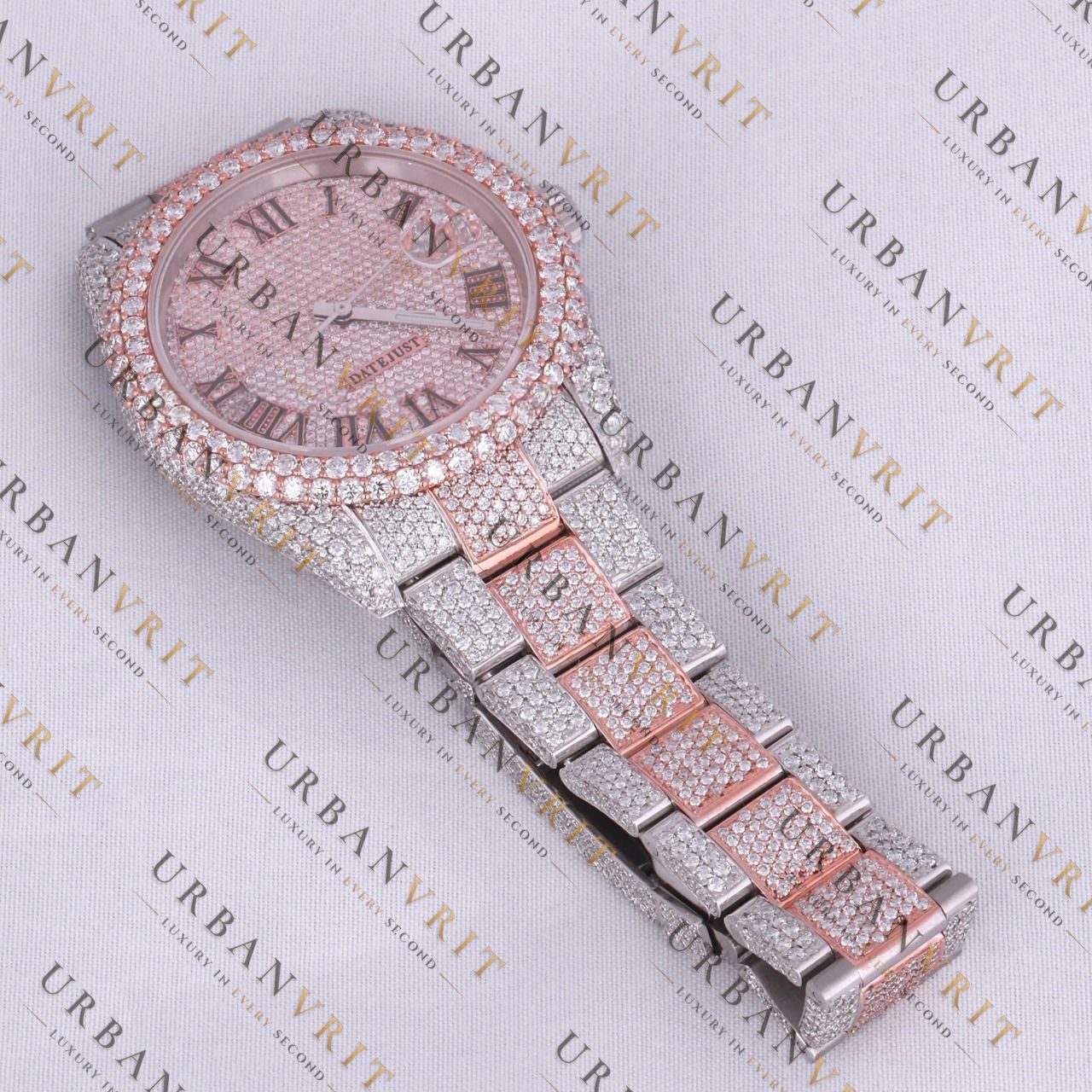 Rose Gold Two Tone Moissanite Watch VVS1 D Color Fully Iced