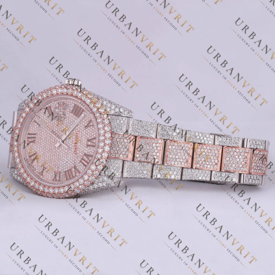 Rose Gold Two Tone Moissanite Watch VVS1 D Color Fully Iced