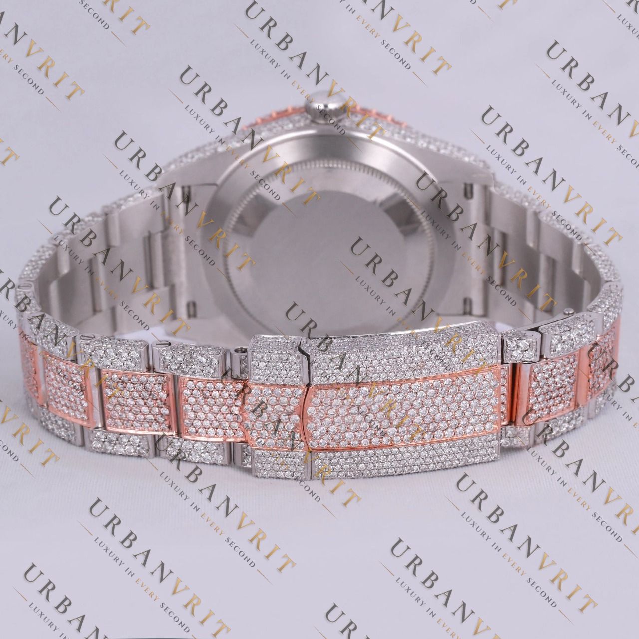 Rose Gold Two Tone Moissanite Watch VVS1 D Color Fully Iced