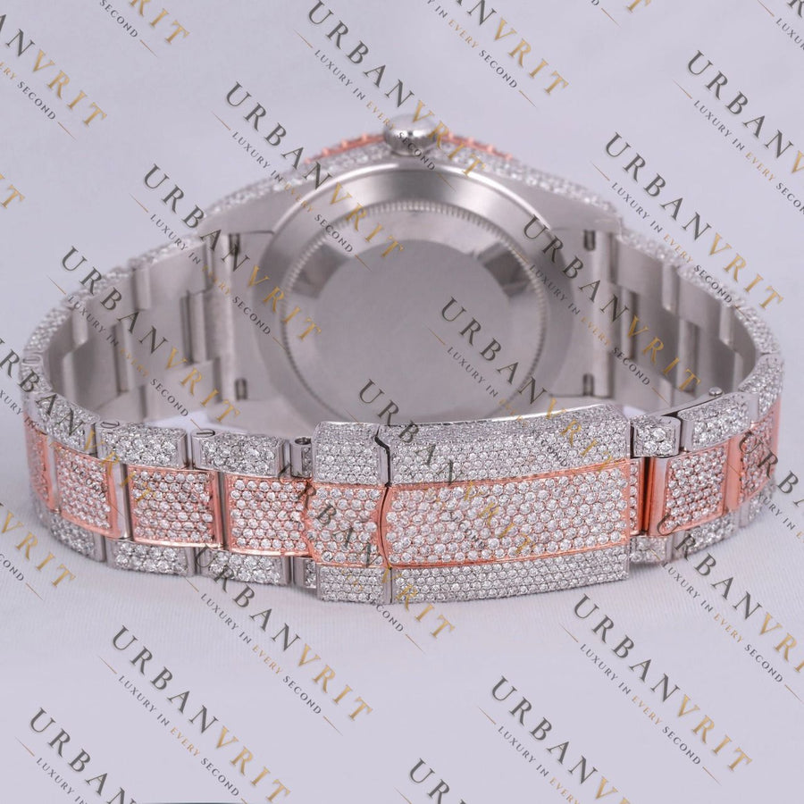 Rose Gold Two Tone Moissanite Watch VVS1 D Color Fully Iced