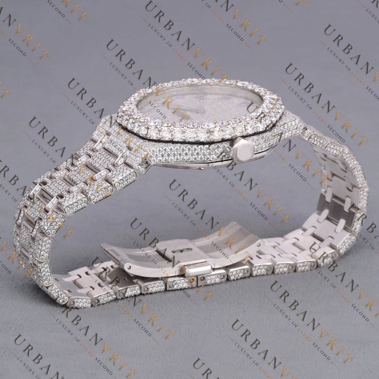 White Gold Moissanite Watch VVS1 D Color Fully Iced