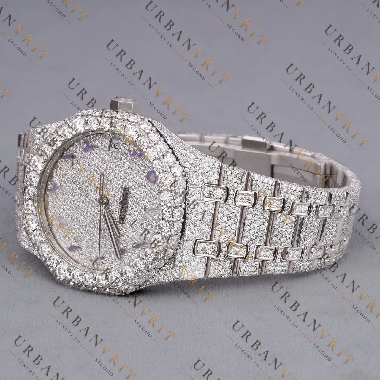 White Gold Moissanite Watch VVS1 D Color Fully Iced
