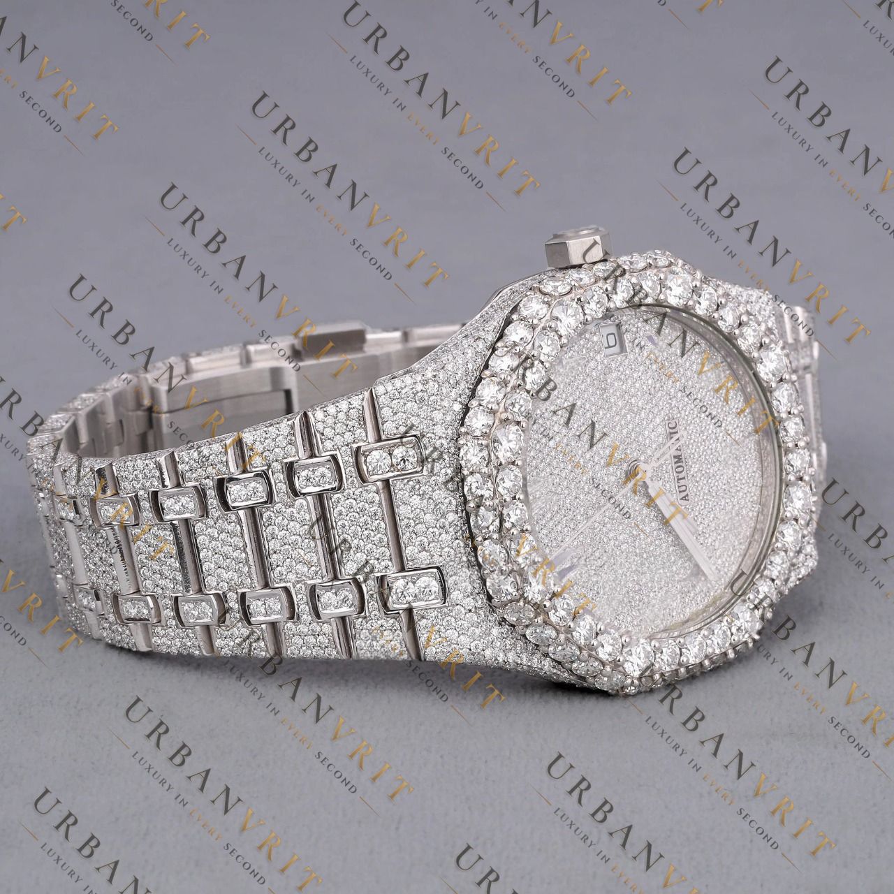 White Gold Moissanite Watch VVS1 D Color Fully Iced