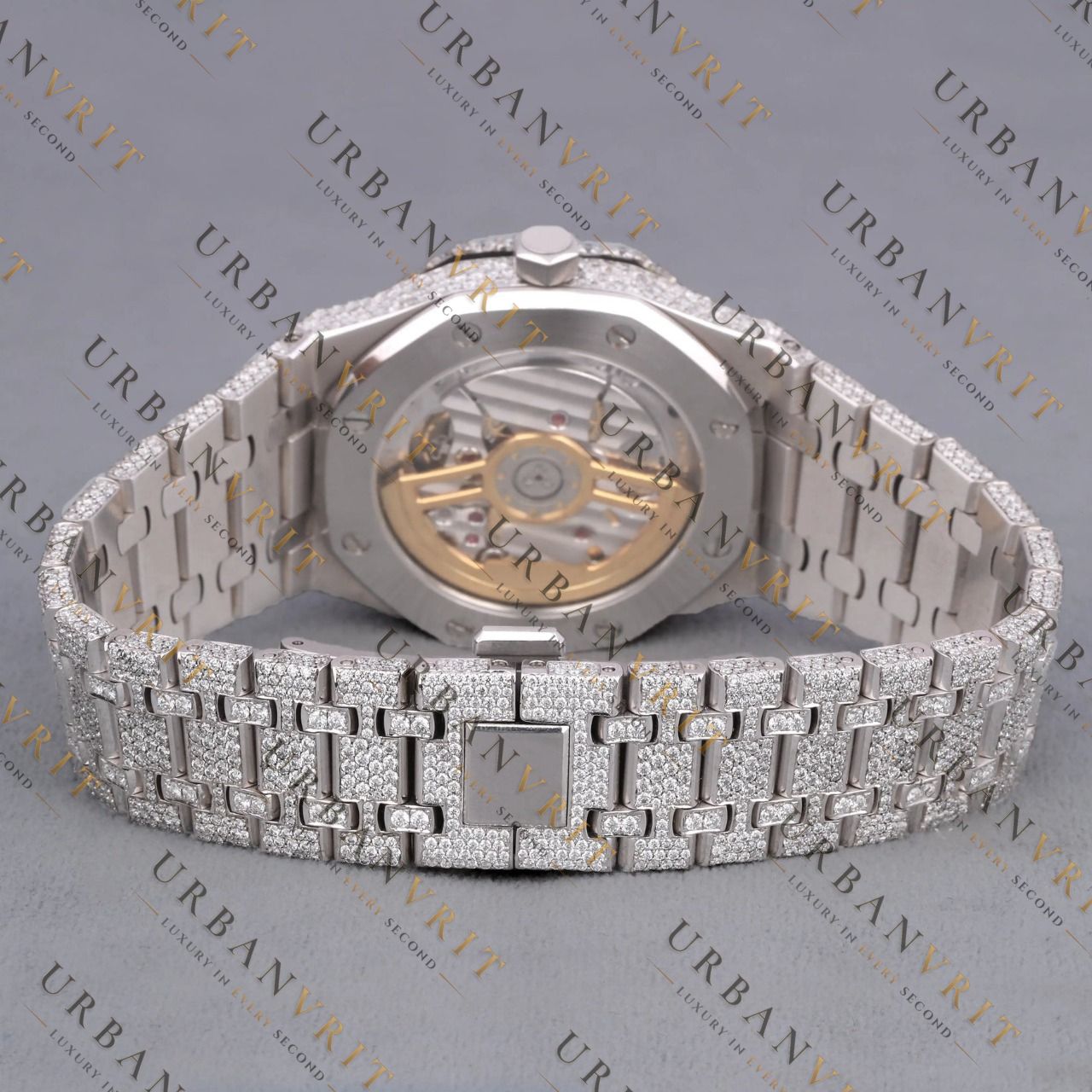 White Gold Moissanite Watch VVS1 D Color Fully Iced