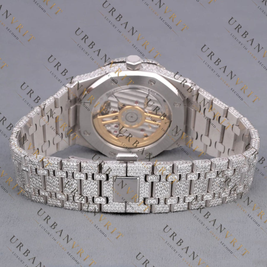White Gold Moissanite Watch VVS1 D Color Fully Iced