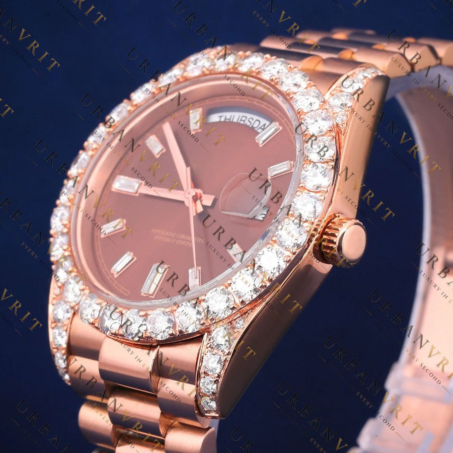 Rose Dial Moissanite Watch VVS1 D Color Fully Iced