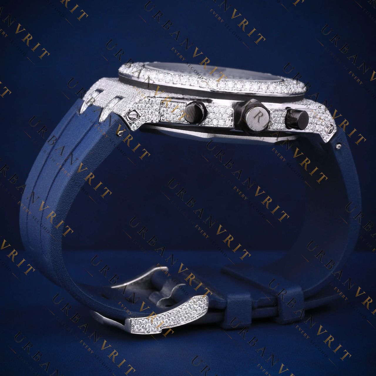 Blue Strap Moissanite Watch VVS1 D Color Fully Ice
