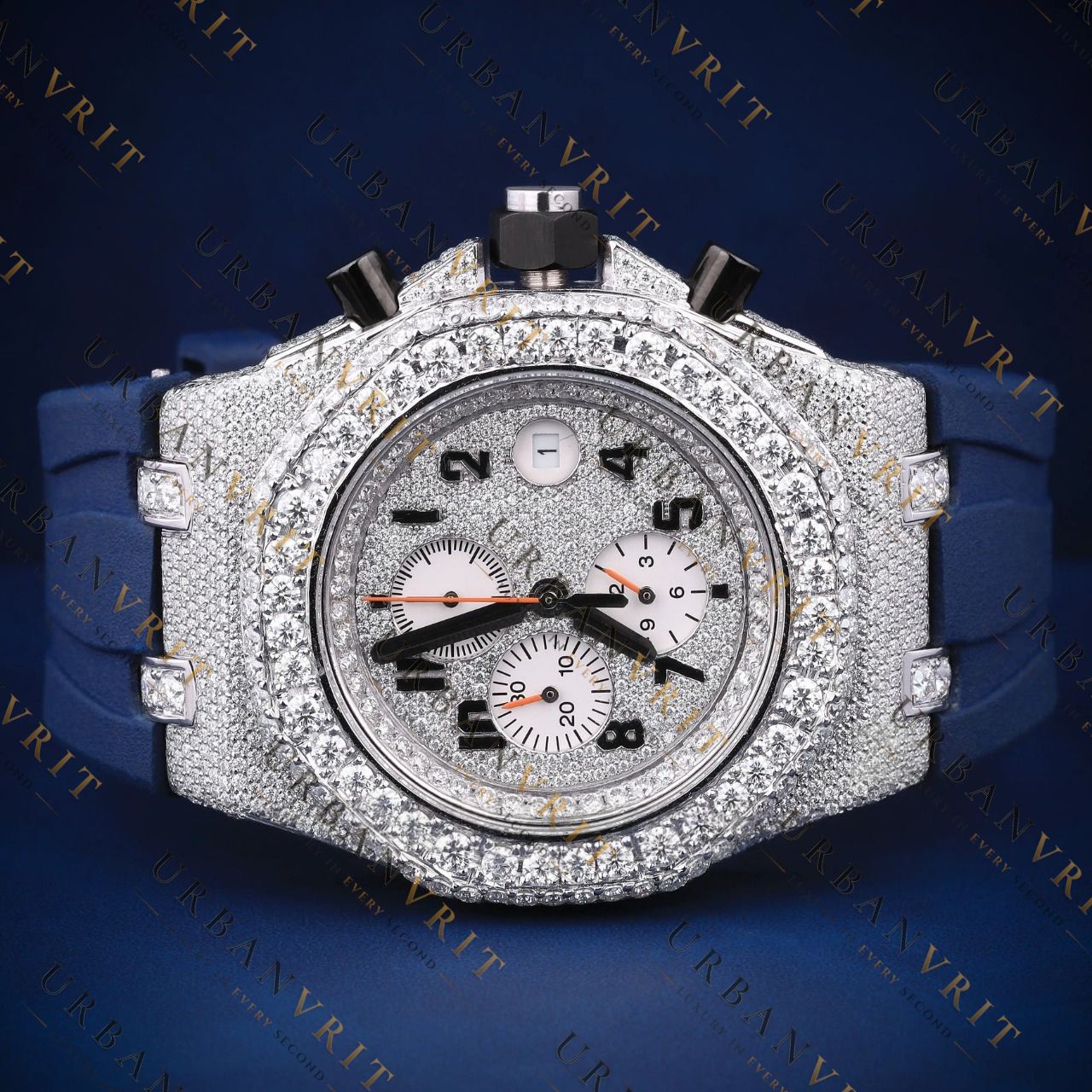 Blue Strap Moissanite Watch VVS1 D Color Fully Ice