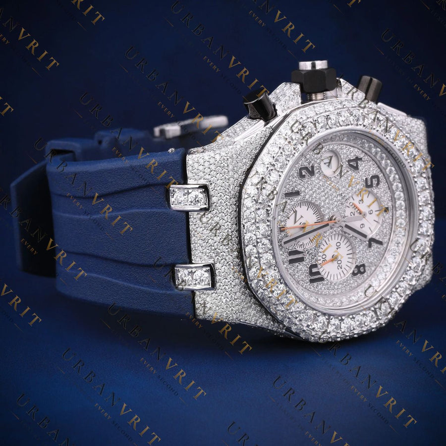 Blue Strap Moissanite Watch VVS1 D Color Fully Ice