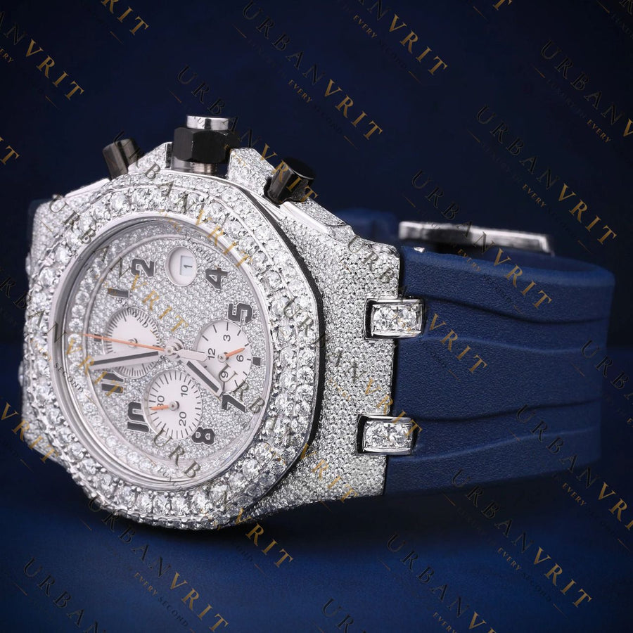 Blue Strap Moissanite Watch VVS1 D Color Fully Ice