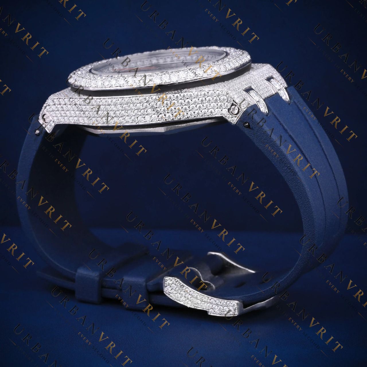 Blue Strap Moissanite Watch VVS1 D Color Fully Ice