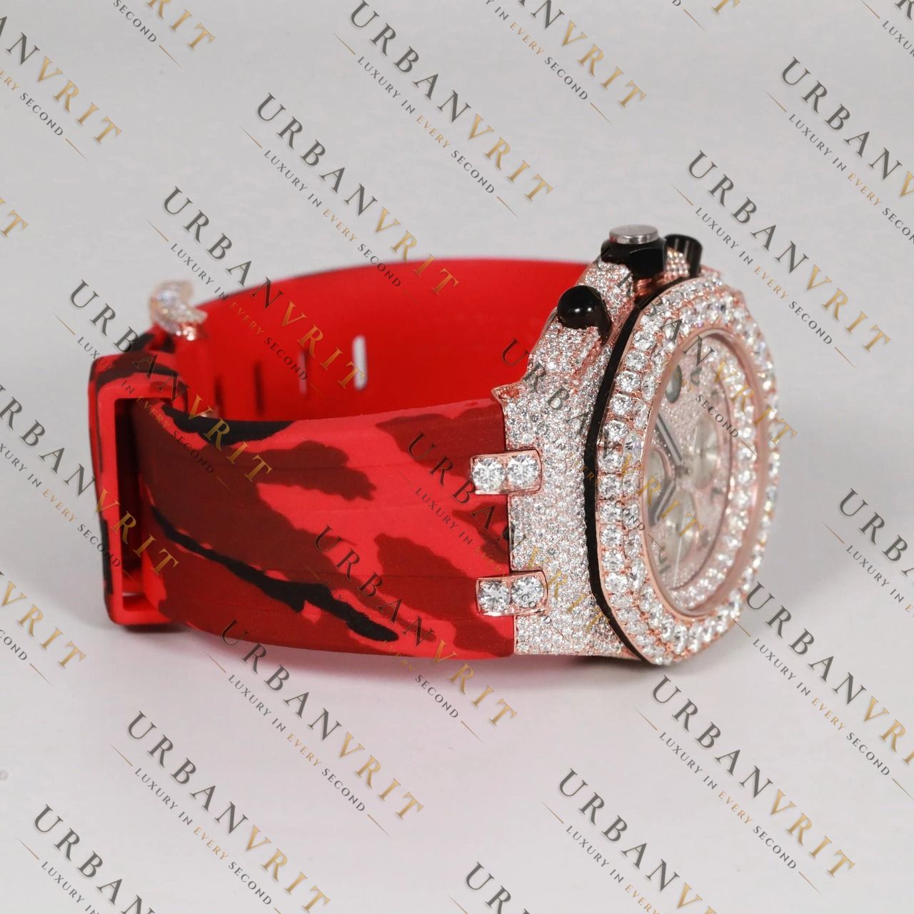 Red Camo Moissanite Watch VVS1 D Color Fully Iced