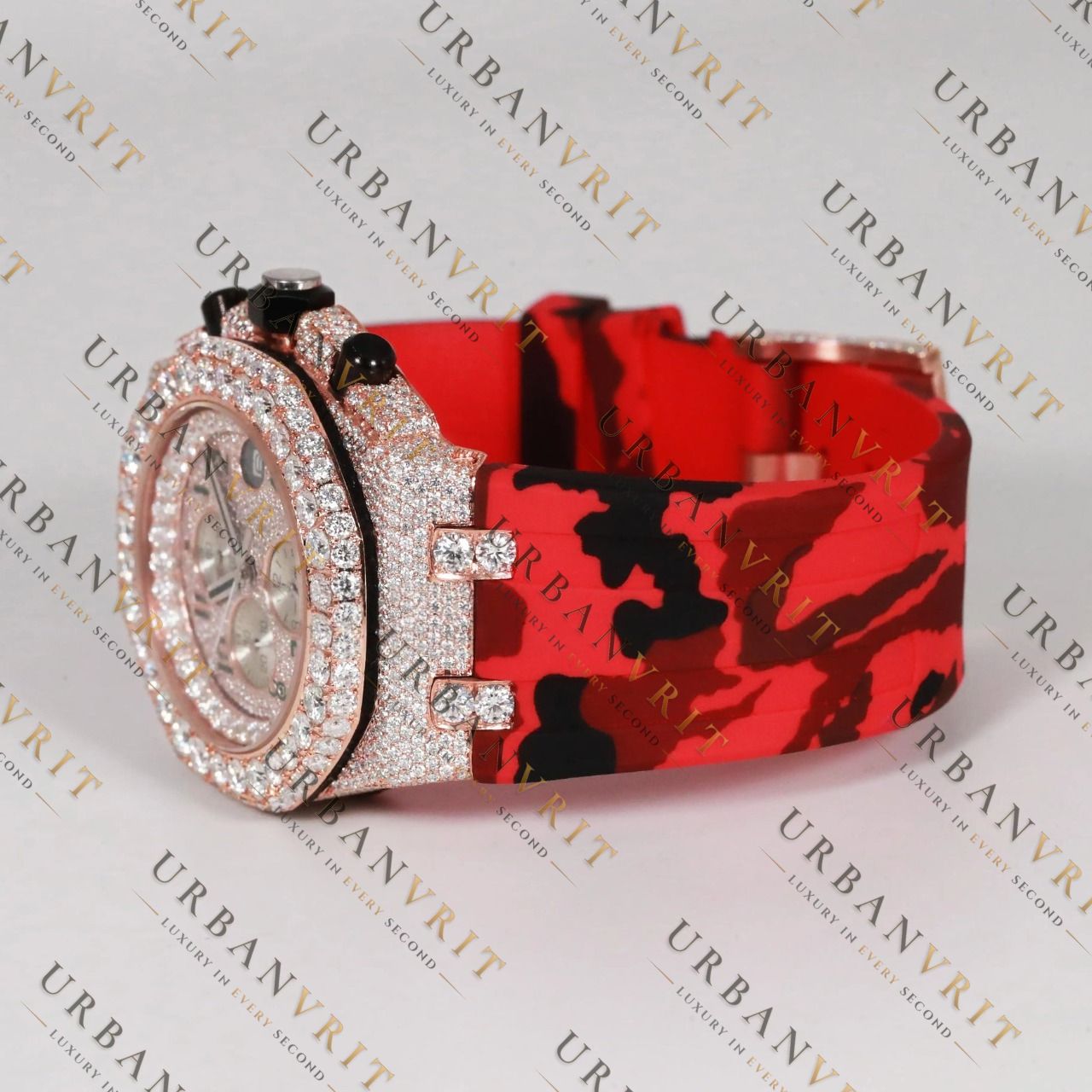 Red Camo Moissanite Watch VVS1 D Color Fully Iced
