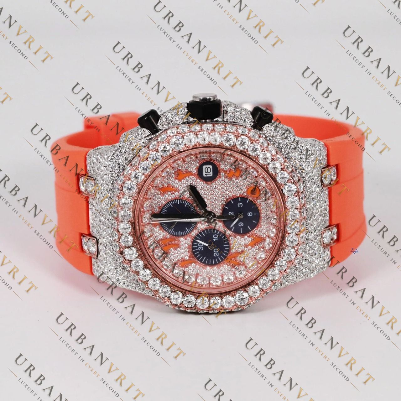 Orange Moissanite Watch VVS1 D Color Fully Iced