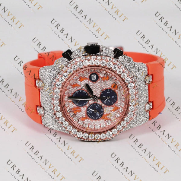 Orange Moissanite Watch VVS1 D Color Fully Iced