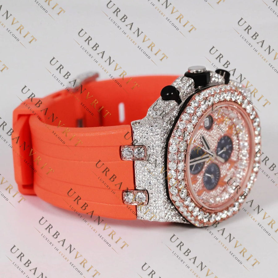 Orange Moissanite Watch VVS1 D Color Fully Iced