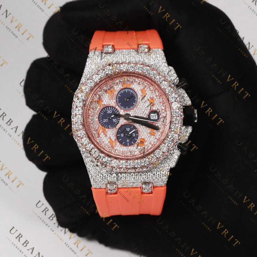 Orange Moissanite Watch VVS1 D Color Fully Iced