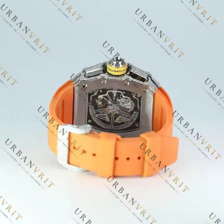 Orange Strap Moissanite Watch VVS1 D Color Fully Iced