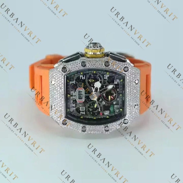 Orange Strap Moissanite Watch VVS1 D Color Fully Iced