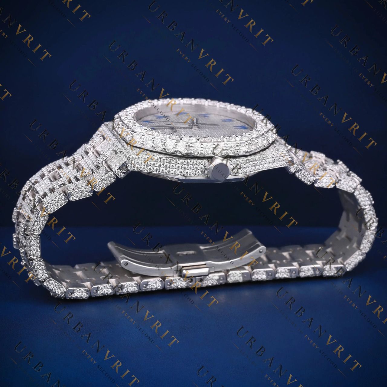 Iced-Out Blue Arabic DialVVS1 D Color Moissanite Watch