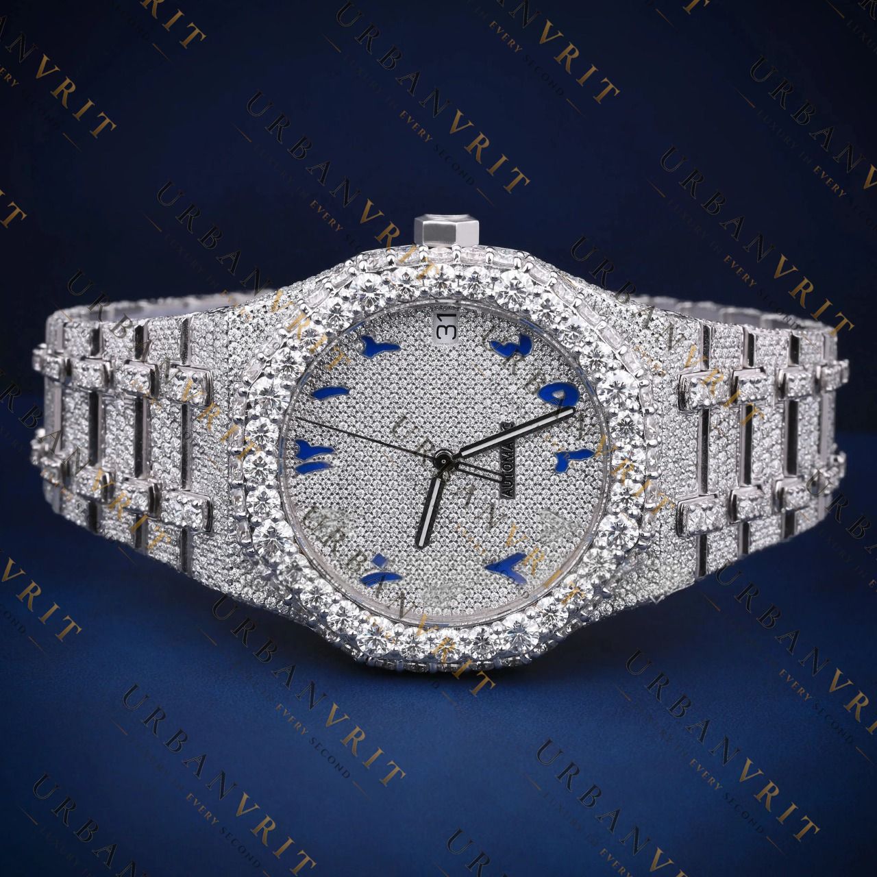 Iced-Out Blue Arabic DialVVS1 D Color Moissanite Watch