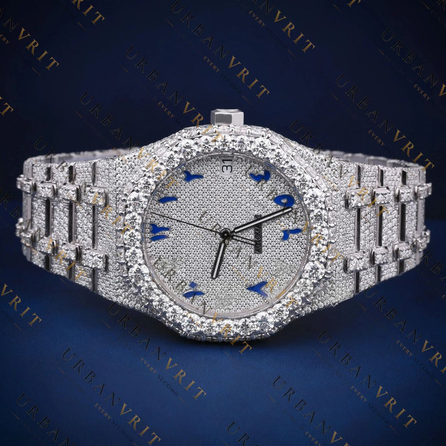 Iced-Out Blue Arabic DialVVS1 D Color Moissanite Watch