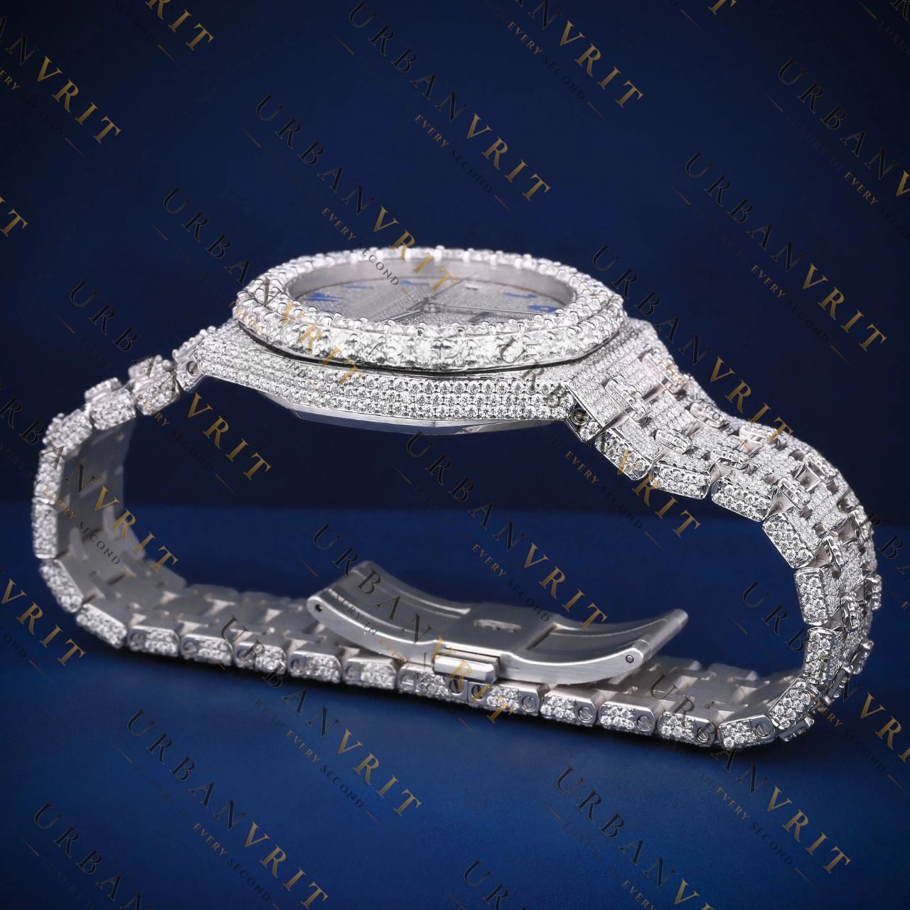 Iced-Out Blue Arabic DialVVS1 D Color Moissanite Watch