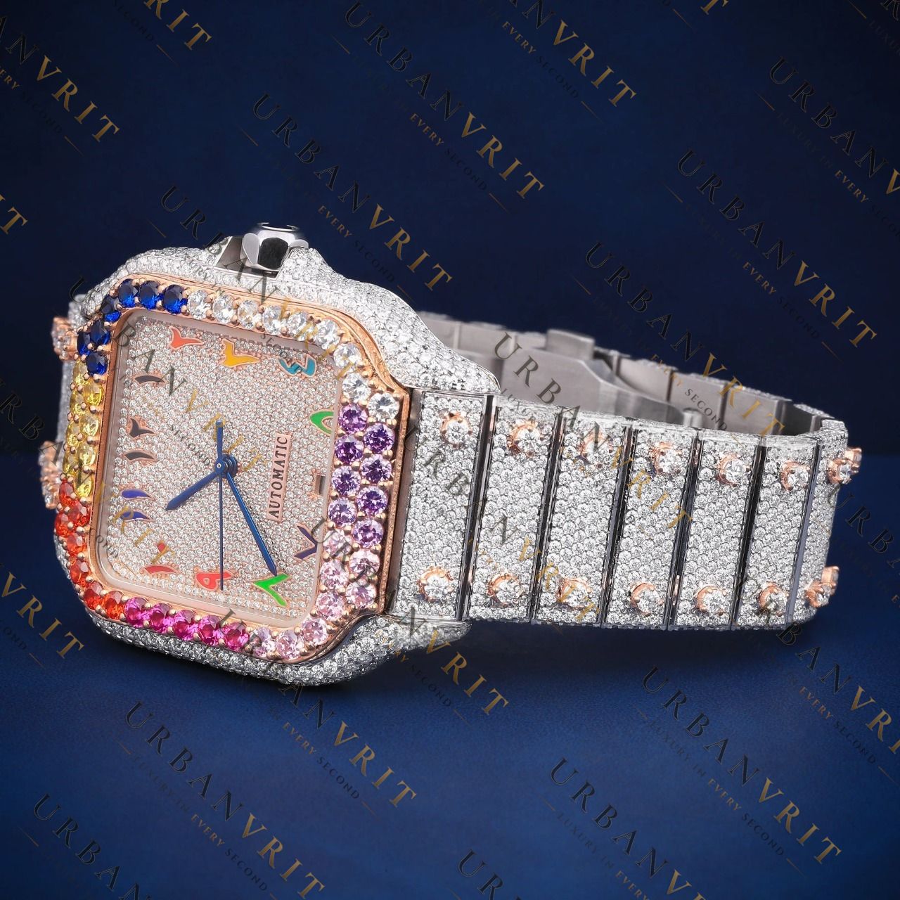 Rainbow Gemstone Bezel VVS1 D Color Moissanite Watch